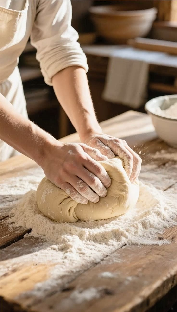 Hands working a bread dough on a floured workbench