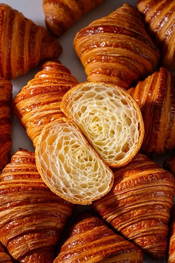 Finished croissants showing an open laminated honeycomb