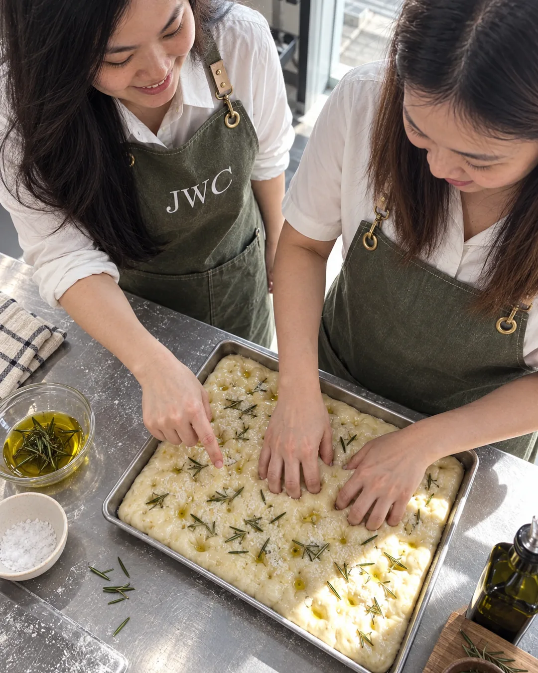 Overhead view of a learner observing and dimpling focaccia dough