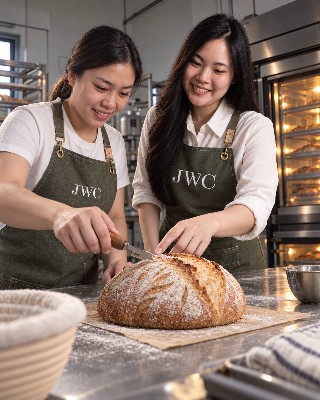 Siew Wei guiding a learner while they evaluate a finished sourdough loaf