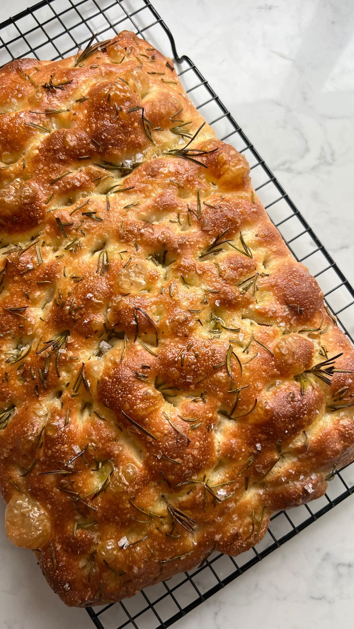 Finished focaccia showing colour and baked surface texture