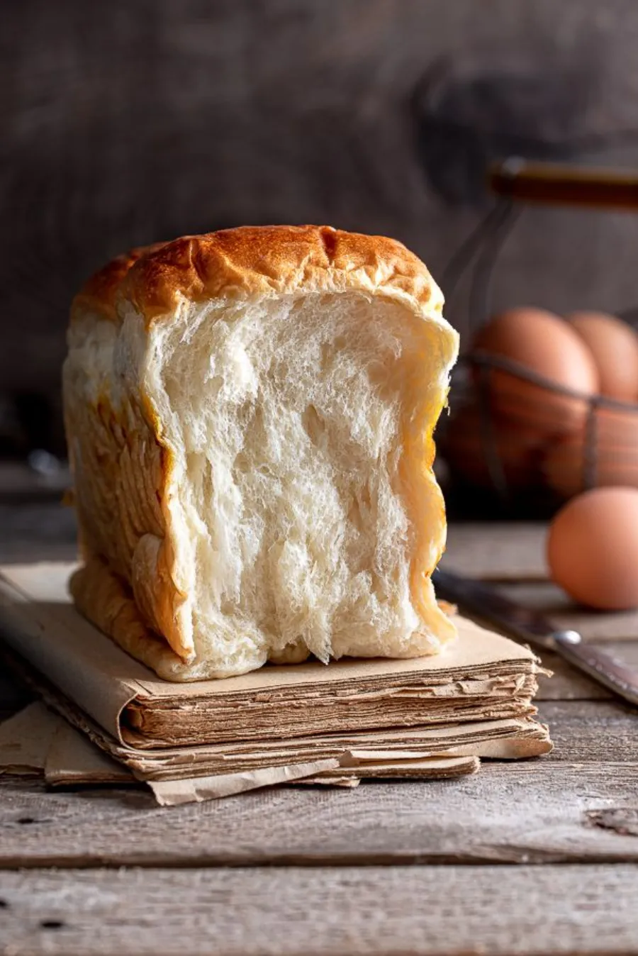 Close-up of the soft crumb and finished texture of Japanese bread